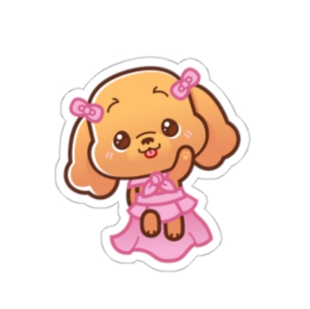 a sticker of a flying poodle in a pink dress with bows on both ears and she is waving and her name is Chloe