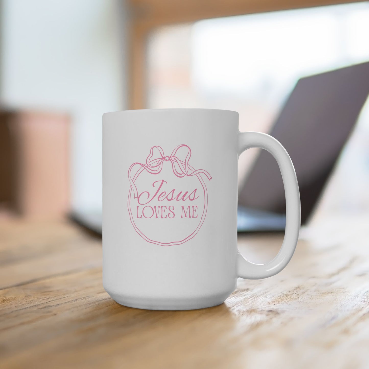 Jesus Loves Me Script Bow Ceramic Mug — 11oz & 15oz