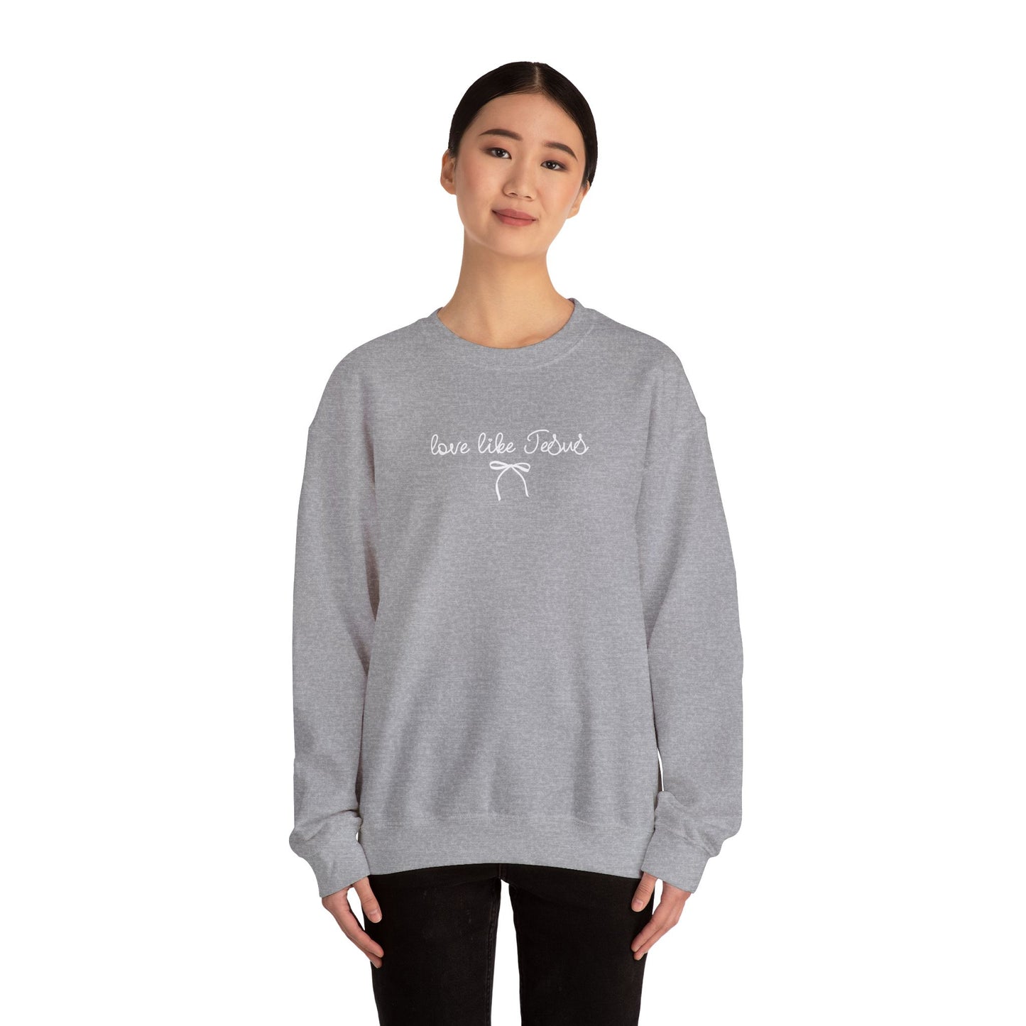 "Love Like Jesus" Script Crewneck Sweatshirt, Bow Crewneck