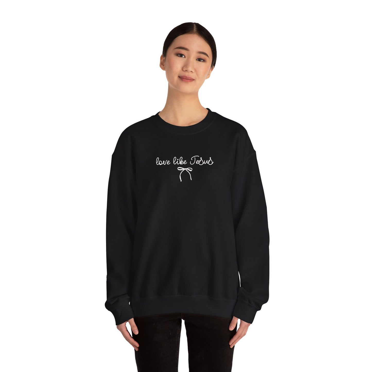"Love Like Jesus" Script Crewneck Sweatshirt, Bow Crewneck