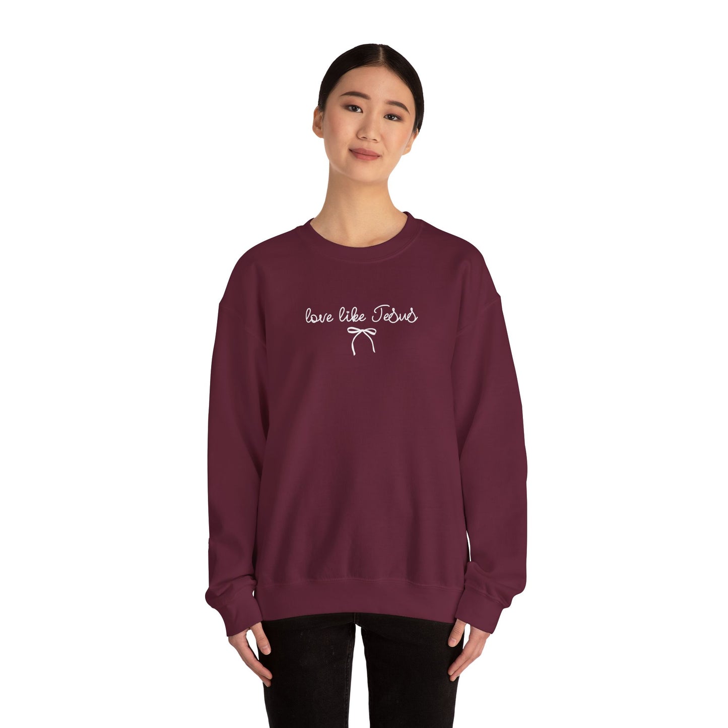 "Love Like Jesus" Script Crewneck Sweatshirt, Bow Crewneck